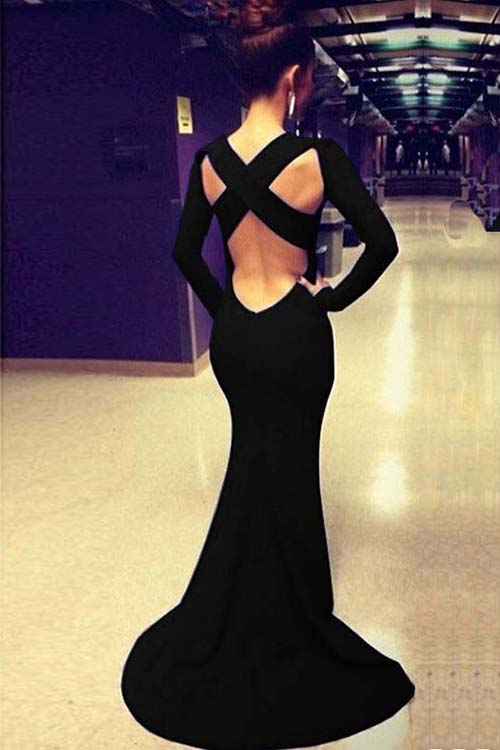 Μαύρο μακρύ βραδινό φόρεμα με ανοιχτή χιαστή πλάτη