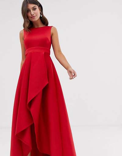 Μακρύ κόκκινο βραδυνό φόρεμα για πεθερές με ντραπέ φούστα και φιόγκο πίσω