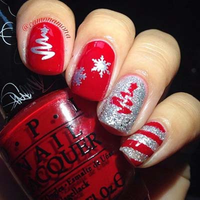 Κόκκινα με ασημί νύχια για τα Χριστούγεννα