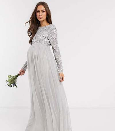 Γκρι μάξι φόρεμα εγκυμοσύνης για χειμωνιάτικο γάμο με παγιέτες στο μπούστο, μακριά μανίκια και τούλινη ριχτή φούστα