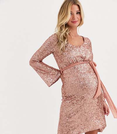 Κοντό βραδινό φόρεμα εγκυμοσύνης με μακρύ μανίκι και ροζ παγιέτες