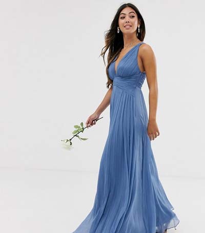 Μάξι αρχαιοελληνικό γαλάζιο ντραπέ φόρεμα για καλοκαιρινό γάμο