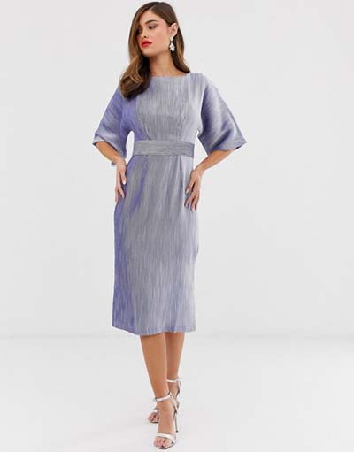 Κομψό pencil midi φόρεμα με ζώνη στη μέση σε μεταλλικό μπλε - λιλά χρώμα