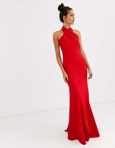 Μάξι κόκκινο εφαρμοστό φόρεμα για γάμο που δένει στο λαιμό
