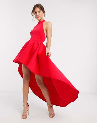 Κόκκινο μίνι ασύμμετρο κοκτέιλ φόρεμα που δένει στο λαιμό