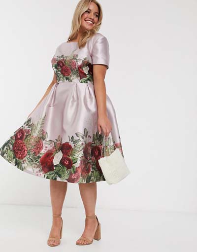 Κοκτέιλ σατέν φόρεμα με φλοράλ μοτίβο ιδανικό για παχουλές μαμάδες, αδερφές και κουμπάρα