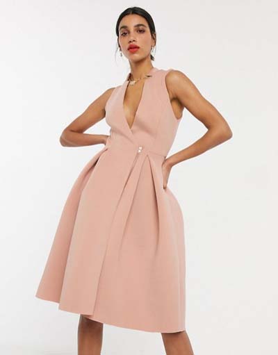 Κοκτέιλ ροζ φόρεμα μέχρι το γόνατο με φερμουάρ και V ντεκολτέ