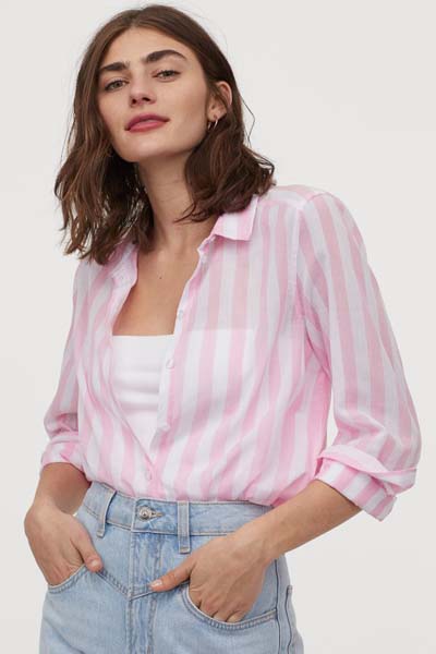 Ριγέ λευκό ροζ γυναικείο βαμβακερό πουκάμισο