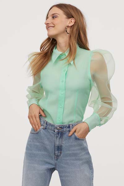 Μπλούζα - πουκάμισο με διαφάνεια στην πλάτη και φουσκωτά μανίκια στο χρώμα της μέντας