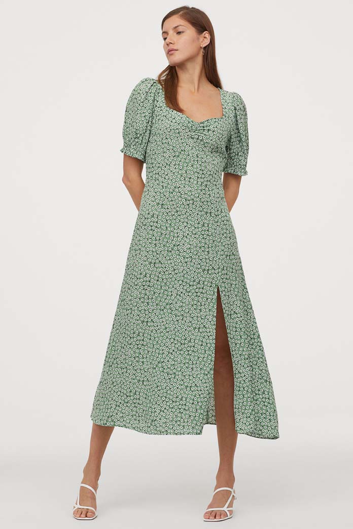 Φλοράλ μίντι πράσινο φόρεμα με σκίσιμο στο πλάι και φουσκωτά μανίκια - H&M