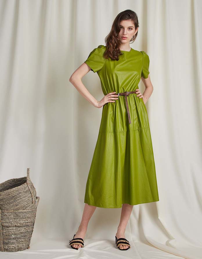 Πράσινο μίντι δερμάτινο φόρεμα με κοντό μανίκι και ζώνη στη μέση - BSB
