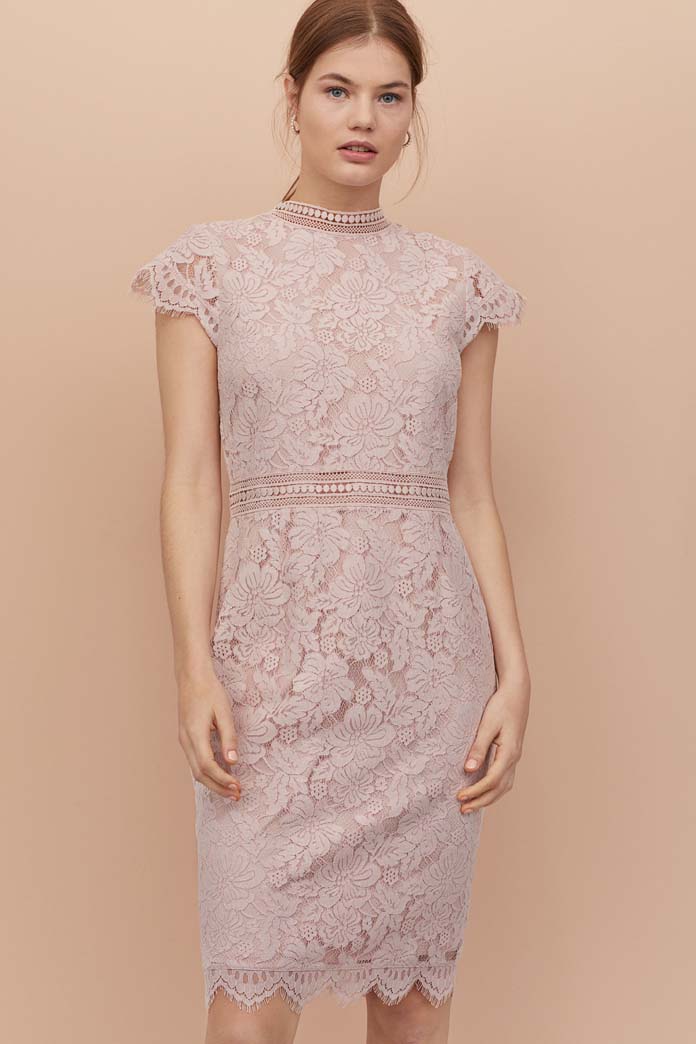Απαλό ροζ φόρεμα με δαντέλα σε ίσια γραμμή μέχρι το γόνατο - H&M