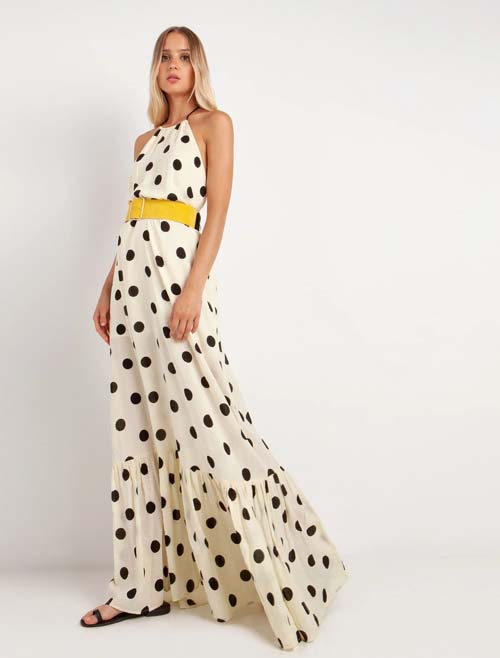 Μάξι halter εξώπλατο φόρεμα με πουά σχέδιο και κίτρινη ζώνη - Toi & Moi