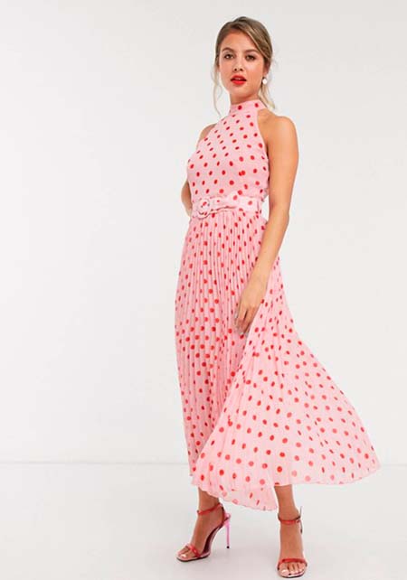 Μακρύ πουά halter ροζ φόρεμα με ζώνη