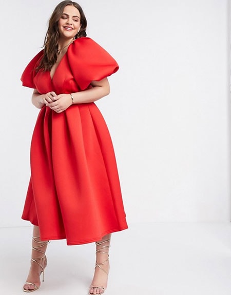 Κόκκινο μίντι κλος φόρεμα με φουσκωτά μανίκια σε μεγάλα μεγέθη