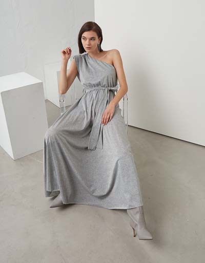 Μάξι λούρεξ ασημί φόρεμα BSB με έναν ώμο και ζώνη στη μέση