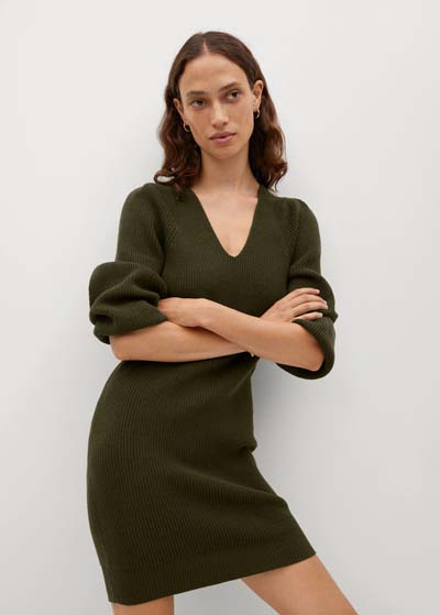 Μίνι πράσινο σκούρο πλεκτό φόρεμα MANGO με V λαιμόκοψη και φουσκωτά μανίκια