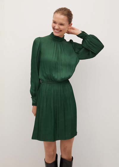 Πράσινο ριχτό ζιβάγκο φόρεμα MANGO με στένεμα στη μέση για το Φθινόπωρο και το Χειμώνα