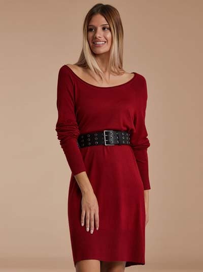 Πλεκτό μίντι μπορντό φόρεμα Celestino με λαιμόκοψη χαμόγελο και ελαστική υφή ιδανικό για Φθινόπωρο / Χειμώνα