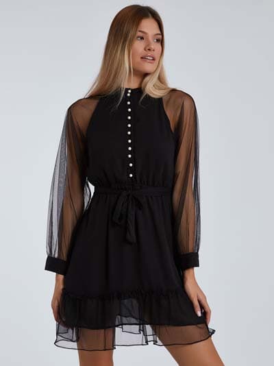 Μαύρο μίνι φόρεμα Celestino από διαφάνεια με κουμπιά στο μπούστο και αποσπώμενη ζώνη