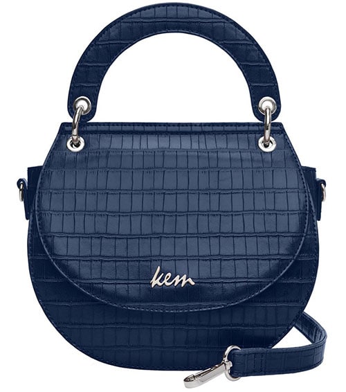 Κροκό μπλε τσάντα χειρός με λουράκι και στρογγυλεμένο σχέδιο - Kem