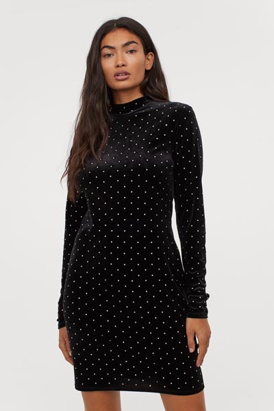 Κοντό μαύρο κολλητό βελούδινο φόρεμα με στρας - H&M