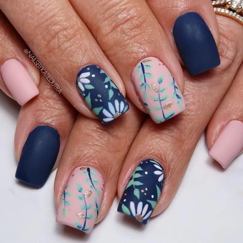 Navy blue floral spring nails
