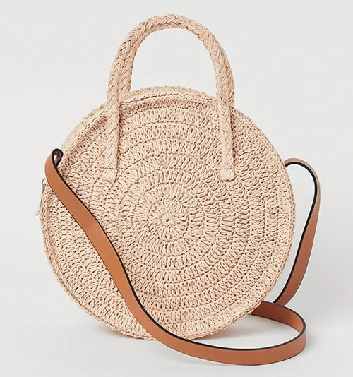 Φυσική ψάθινη στρογγυλή τσάντα με ταμπά λουράκι - H&M