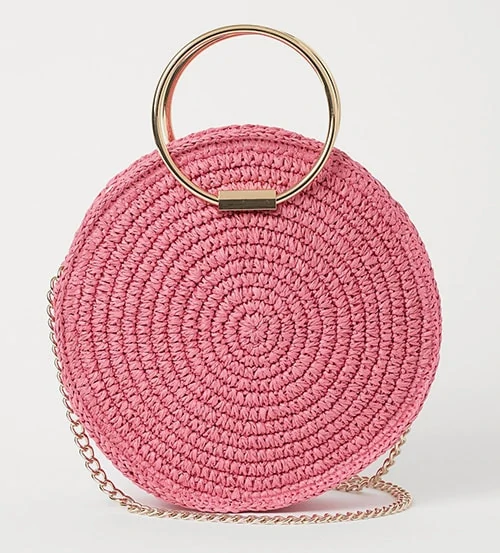 Στρογγυλή ροζ ψάθινη τσάντα με αλυσίδα και μεταλλικά στρογγυλά χερούλια - H&M